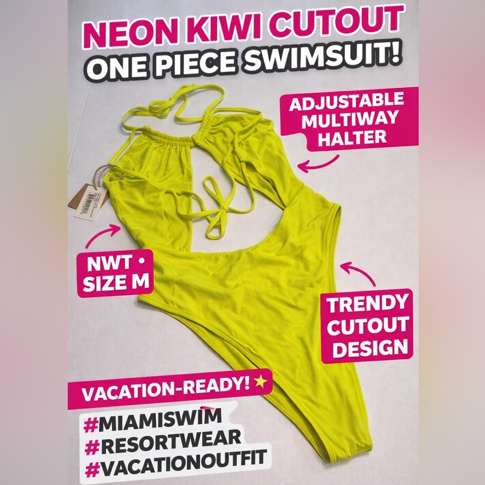 Toast Swim Neon Kiwi Cutout One Piece Swimsuit Multiway Halter M NWT - Picture 10 of 10